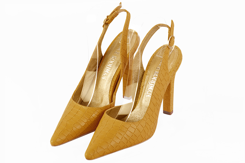 Mustard yellow women's slingback shoes. Pointed toe. Very high slim heel. Front view - Florence KOOIJMAN